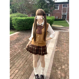日系JK制服马甲背心软妹叠穿早秋女短袖 上衣内搭焦糖可颂格裙套装