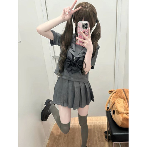 原创正版JK制服jk灰色二本学院日系水手服短袖套装校供百褶裙清新