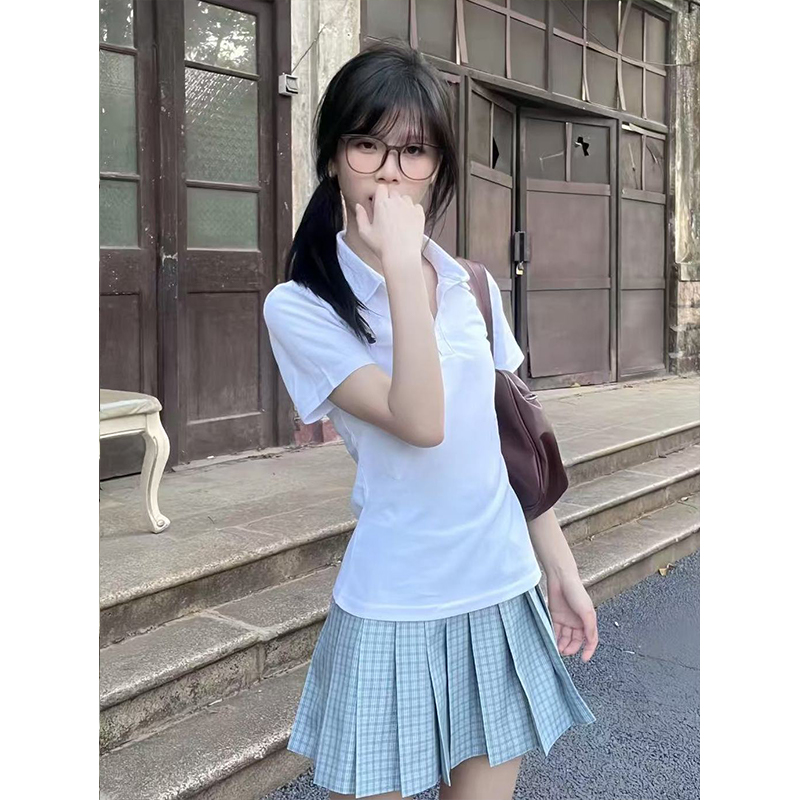 日系JK制服简约穿搭白色polo衫上衣夏季新品学院风百搭格裙套装女