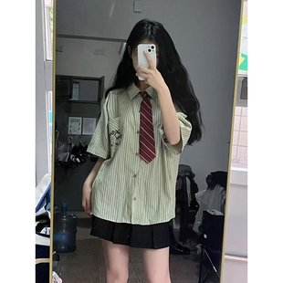 百搭A字裙百褶裙套装 条纹短袖 宽松复古衬衣 领带衬衫 女学院风夏季