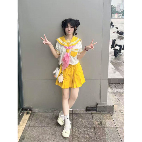 原创夏季新款jk制服基础款黄三本水手服学院风校供多巴胺软妹套装