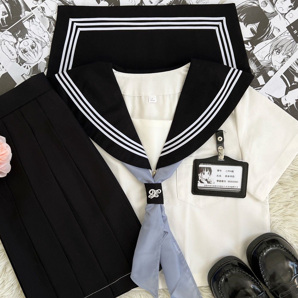 原创水手服jk制服黑三本基础款长袖短袖衬衫学院风春夏季裙子套装