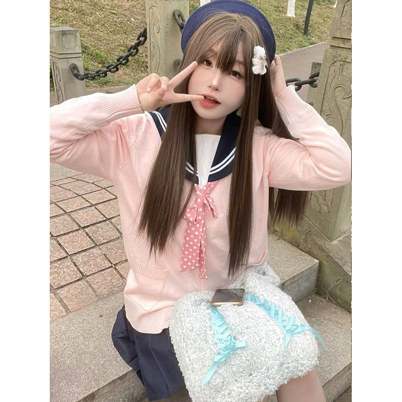 JK制服樱花粉毛衣开衫V领外套基础款学院风穿搭长袖针织上衣套装