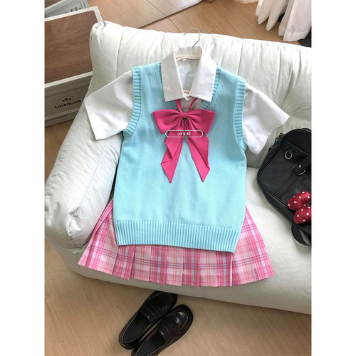 JK制服学院风日系穿搭百褶裙叠穿针织V领马甲背心衬衫百搭校供感