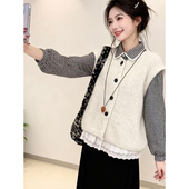 上衣拼接设计感早秋季 温柔风时尚 格子花边衬衫 叠穿羊毛马甲两件套