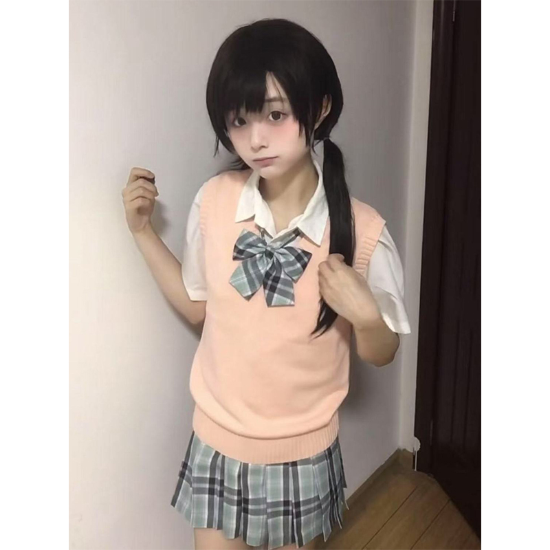 JK清新甜美化水百褶格裙原创制服纯色V领针织衫背心叠穿衬衫上衣