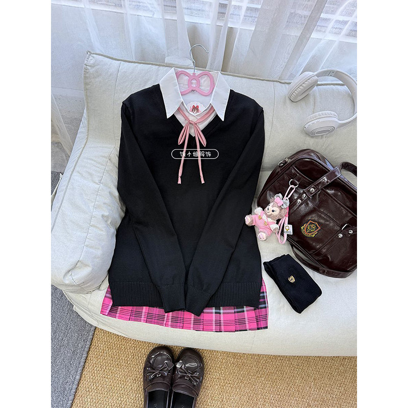 早秋JK制服套头毛衣女秋冬日系学院风V领针织衫上衣长袖格裙套装,女装/女士精品,时尚套装,淘宝优惠券,粉丝福利购,淘宝优惠卷
