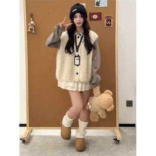 韩版甜美小个子蕾丝拼接格纹衬衫女学生针织马甲开衫毛衣两件套装