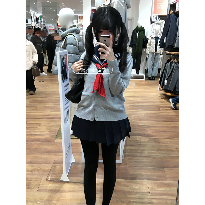 原创甜妹秋冬学生制服针织毛衣开衫外套水手服学院JK海苔长裙校供