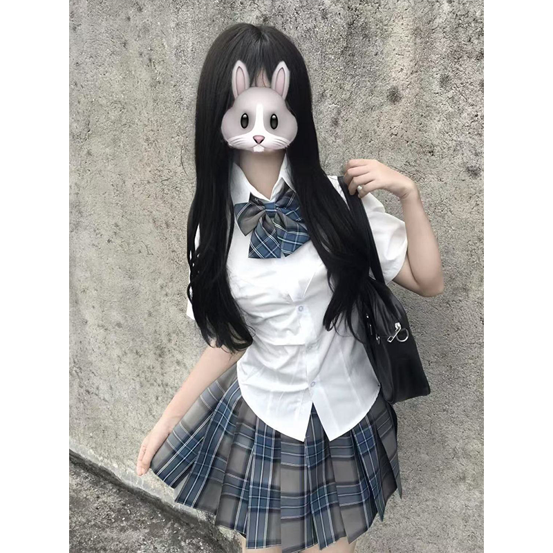 JK制服套装白色衬衫短袖收腰日系学院风百搭JK裙青碧格裙一整套装