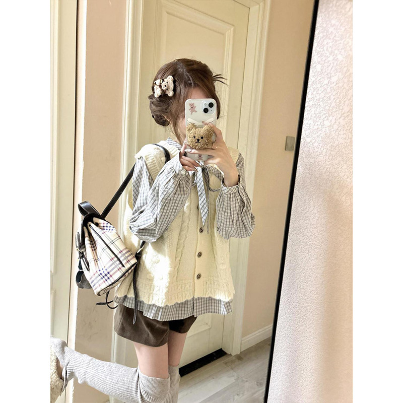 套装/单件韩版甜美少女减龄麻花针织马甲背心+格纹蝴蝶结绑带衬衫