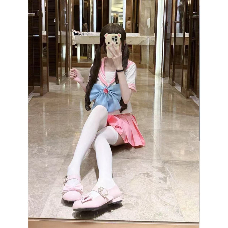 学院风穿搭少女粉色蓝色水手服短袖女衬衫可爱短裙原创JK制服百搭