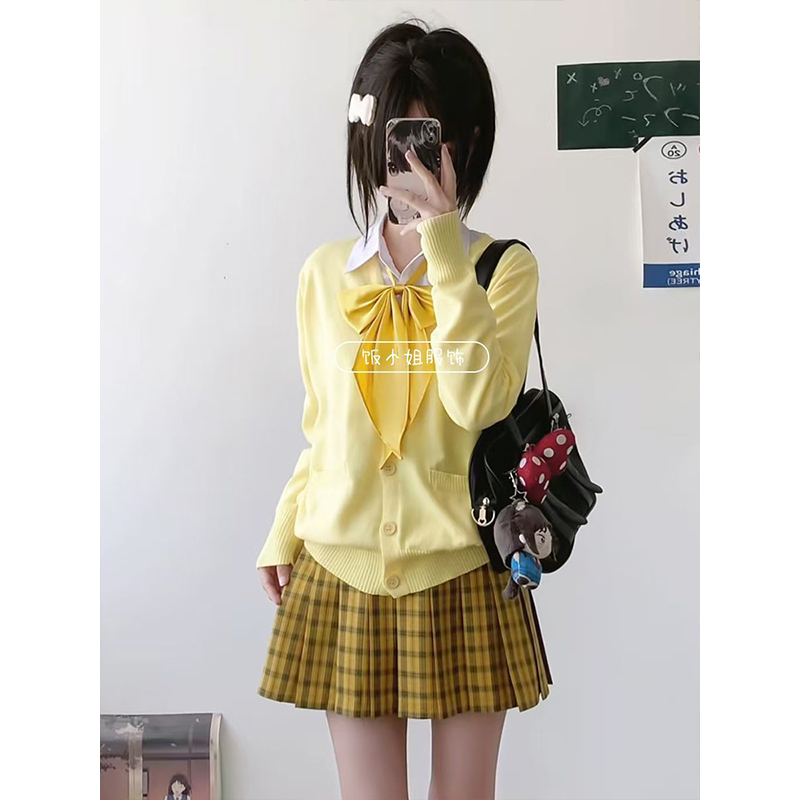 原创JK制服黄色针织开衫长袖外套百搭向日葵短裙学院风时尚一整套
