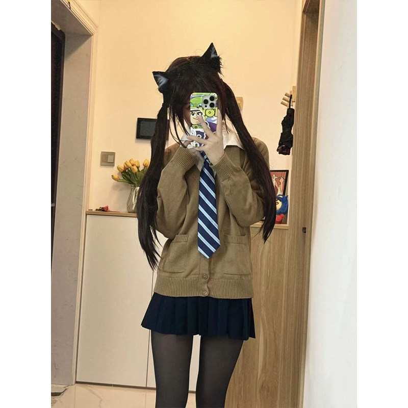 学院风套装秋冬V领针织开衫外套百搭短裙绀色裙2025秋冬款校供感