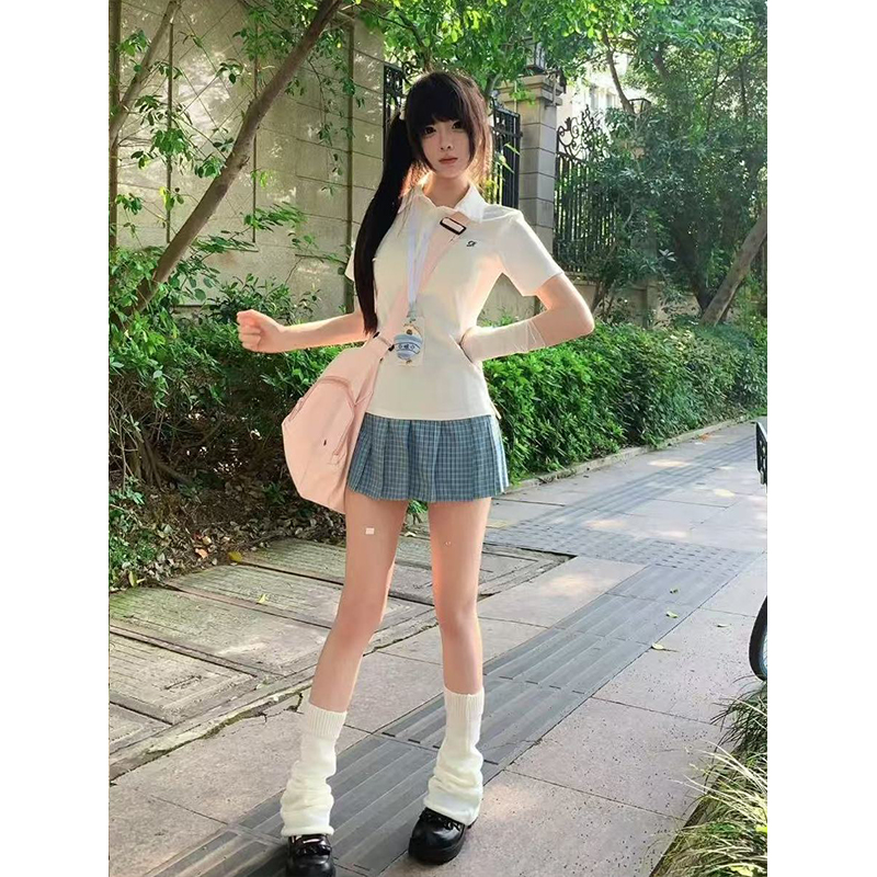 JK制服简约套装白色polo衫短袖2025夏季新品学院风百搭松蓝裙套装