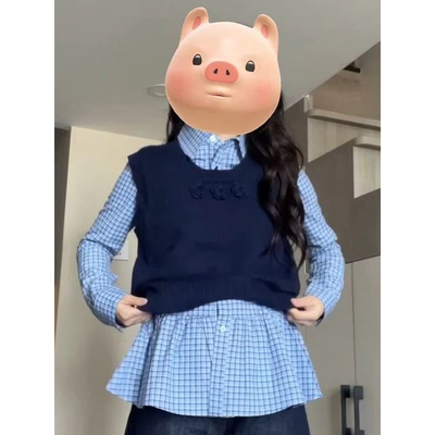 日系学院风新款套装针织衫藏青色背心马甲叠穿蓝色格子衬衫两件套