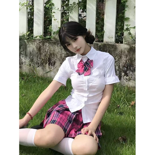 日系JK制服白色衬衫 短袖 收腰学院风穿搭小玫格裙短裙一整套装 夏季