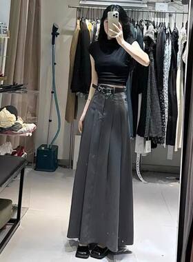 黑色长款伞裙长裙法式西装半身裙女秋季新款高腰显瘦大裙摆百褶裙