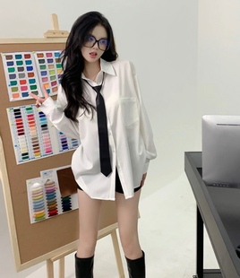 衬衫女春秋新款长袖港风jk制服韩版宽松学院风设计感领带白色衬衣