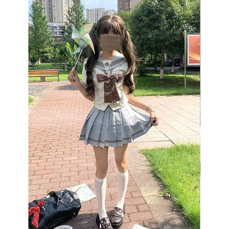 日系夏季jk收腰水手服甜美少女薄荷绿学院风中间服制服裙两件套装