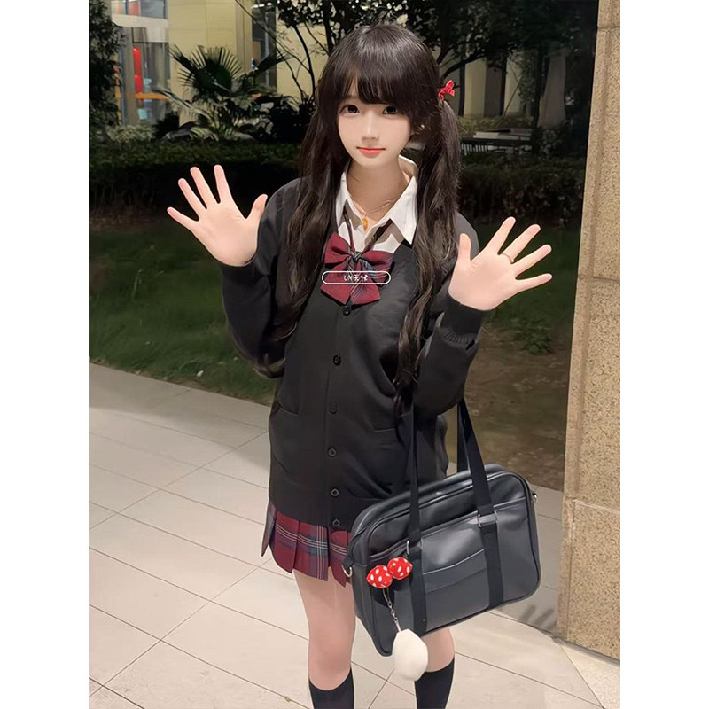 日系学院风穿搭黑色针织衫开衫毛衣外套叠穿衬衫长袖套装玄格裙