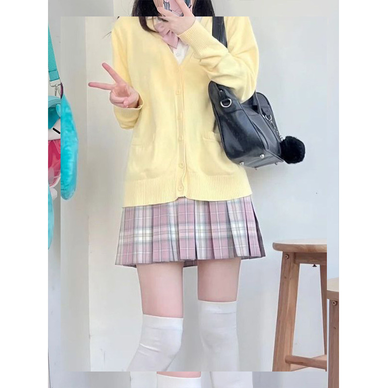 原创jk制服针织黄色开衫毛衣学院风穿搭叠穿衬衫长袖春时格裙套装