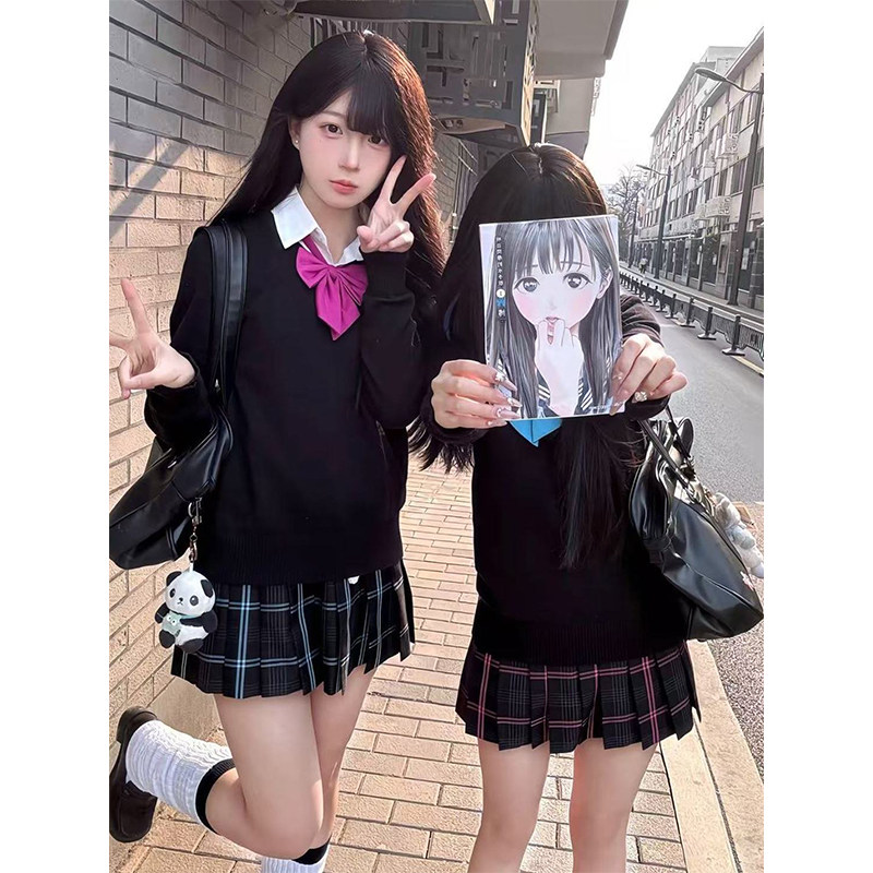 JK制服日系学院风穿搭V领长袖针织衫毛衣秋冬款百搭百褶裙校供感
