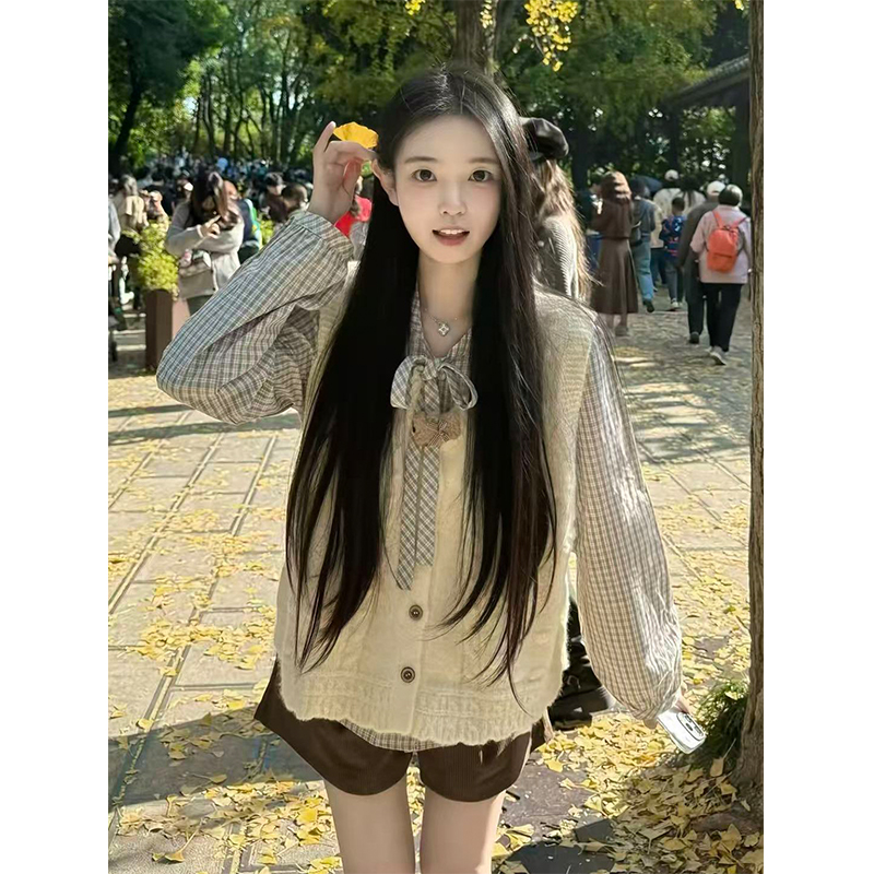 韩系基础款格子衬衫叠穿日系设计感小个子慵懒风马甲开衫两件套女