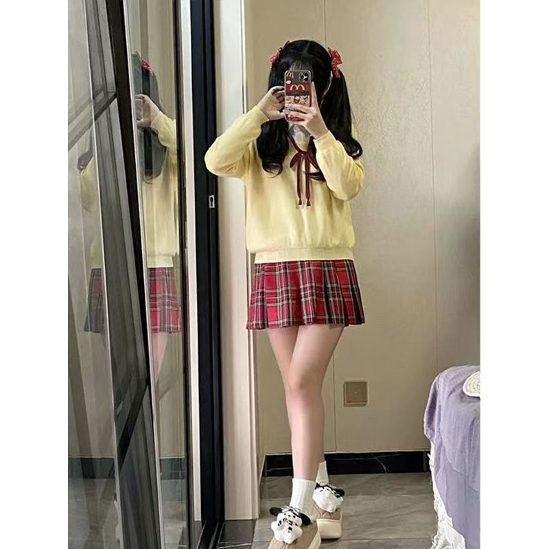 JK制服黄色针织衫套头毛衣叠穿基础款长袖衬衫百搭小辣椒裙一整套
