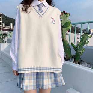 秋冬新款学院风jk背心日系v领毛衣马甲女学生韩版宽松百搭针织衫