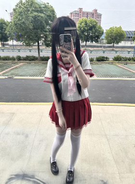 原创红色三本长短袖衬衫上衣水手中间服红JK裙学院校供感穿搭套装