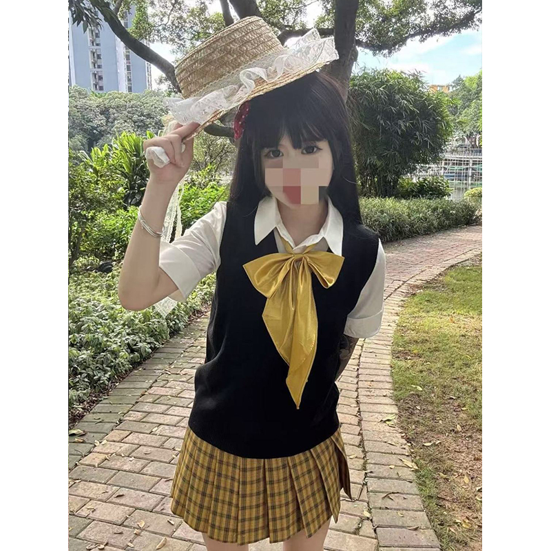JK制服针织衫V领黑色马甲背心叠穿衬衫宽松日系校供向日葵JK格裙