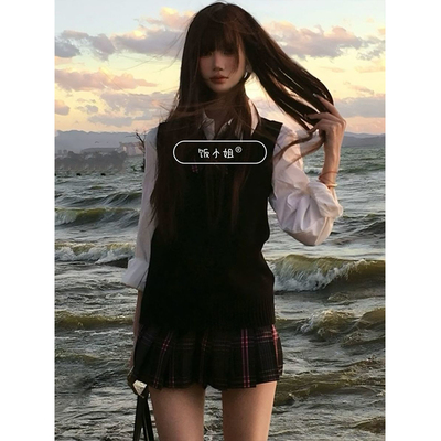 日系JK制服针织衫无袖背心秋冬款叠穿百搭上衣新款德兰西格裙套装