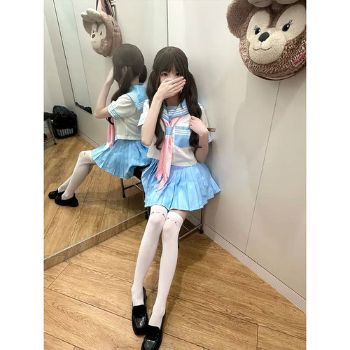日系萌妹可爱基础款式学院水手服短袖水蓝三本制服jk正版套装新款