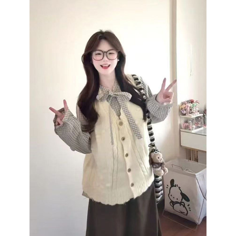 韩系一整套温柔少女感v领针织开衫马甲秋冬季绑带格纹衬衫上衣ins