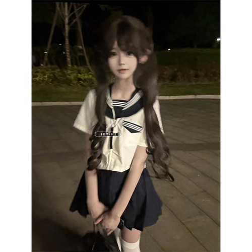 日系学院JK制服基础款白色三本短袖水手服校供绀色短裙软妹套装女