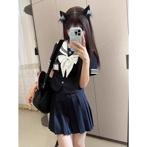 学院风穿搭小时短袖衬衫上衣水手服百搭绀JK短裙原创制服一整套装
