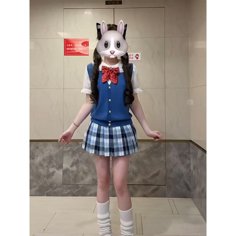 新款制服宝蓝色针织开衫马甲叠穿设计感花边领衬衫蓝格子裙原创款