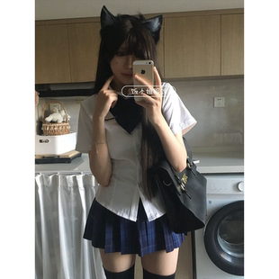 纯欲风JK制服衬衫 收腰显瘦辣妹短袖 衬衣jk格裙一整套白色上衣夏季