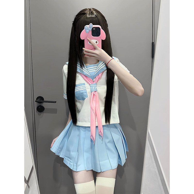 日系原创蓝色三本水手服JK制服夏季短袖白绿上衣校供百褶裙套装女
