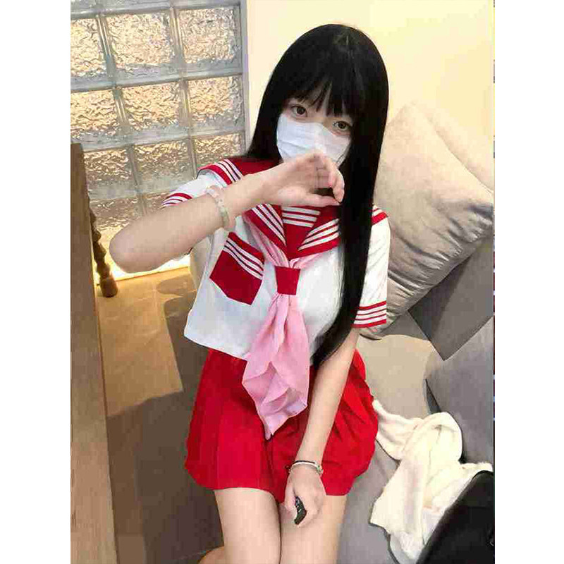 2026新款套装红三本衬衫水手服长短袖jk制服基础款水手服红JK短裙