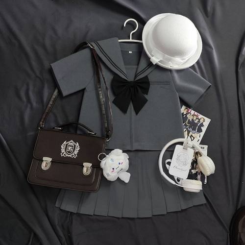 原创正版JK制服学院jk日系二本灰色水手服短袖清新套装校供百褶裙