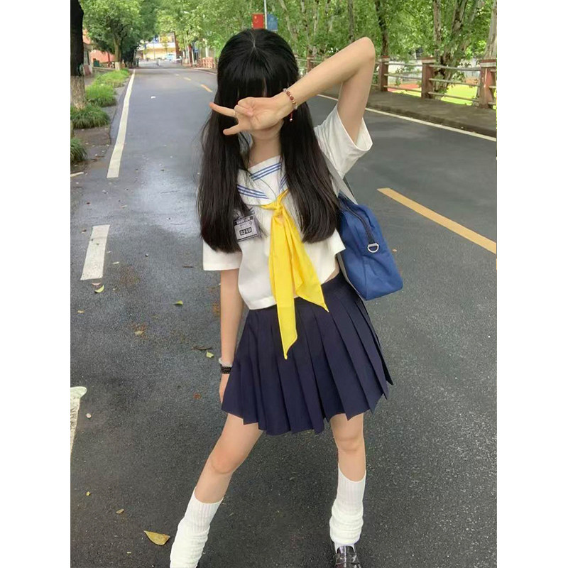 JK制服原创白领蓝三本水手服中间服甜美清新学院风校供感套装潮