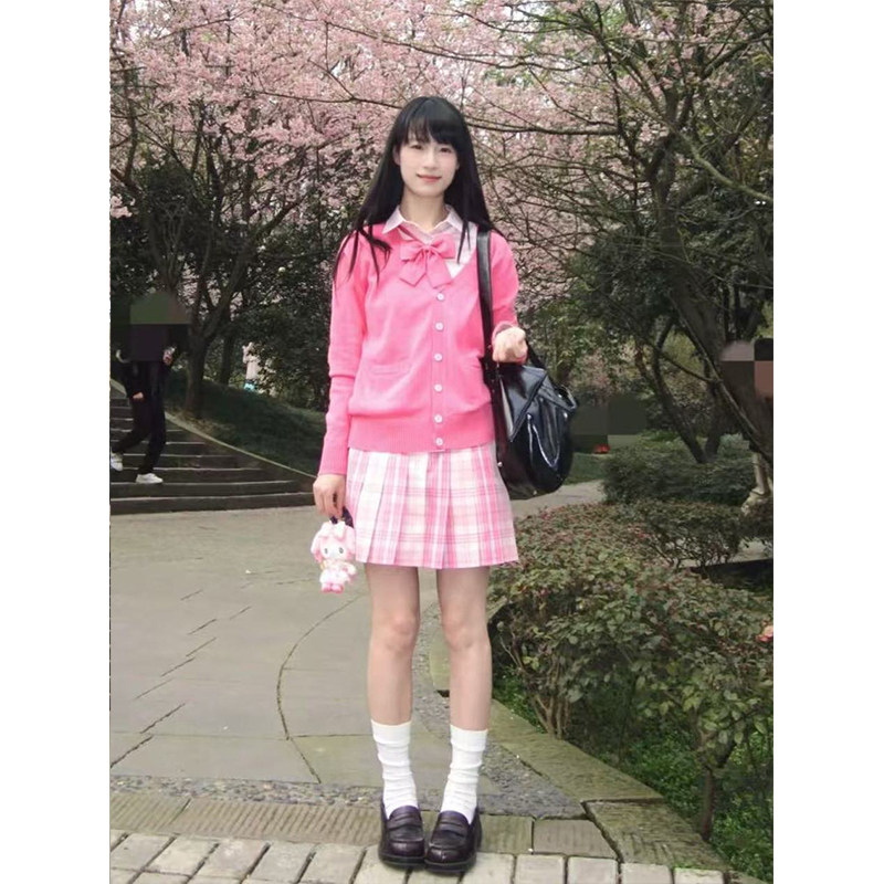 JK制服套装V领针织玫红开衫樱花妹学院风穿搭叠穿基础款衬衫上衣