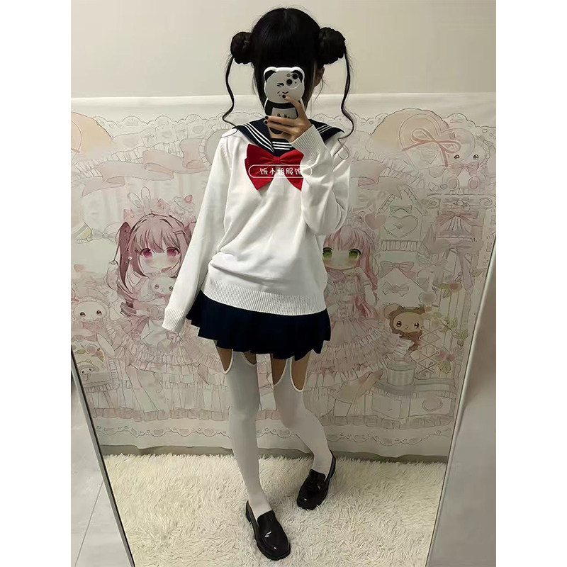 JK秋冬制服学院白色针织基础毛衣叠穿三本水手服短裙套装一整套女