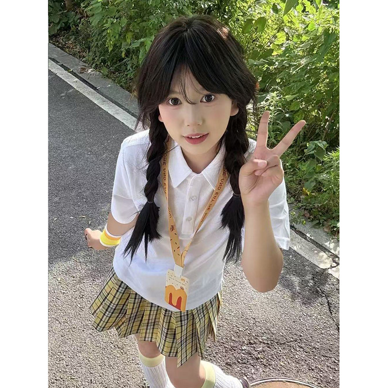原创JK制服POLO衫宽松百搭正肩短袖白T恤上衣搭配短裙学院风夏季图片