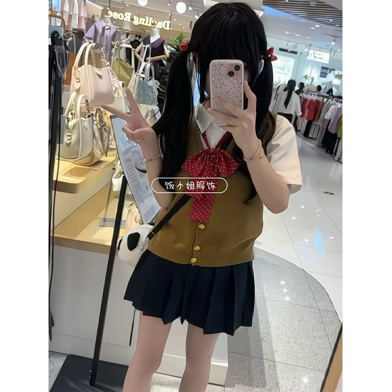 原创JK制服针织衫基础款开衫马甲背心校供感毛衣学院风短裙套装女