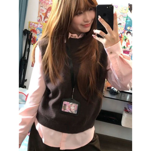 甜美少女学院风无袖 衬衫 背心针织衫 粉色POLO领长袖 马甲 两件套装