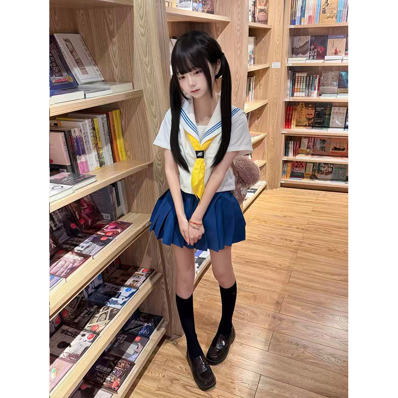 新款日系jk制服白领蓝三本短袖水手服学院风百褶裙活力软妹套装
