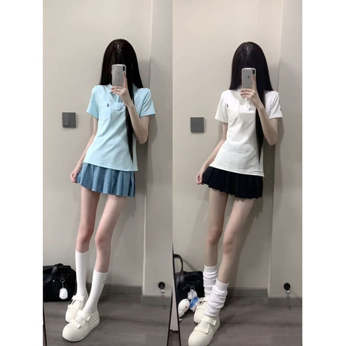 新款夏季学院修身plol衫纯色裙套装jk制服纯色衬衫日系百搭短袖女